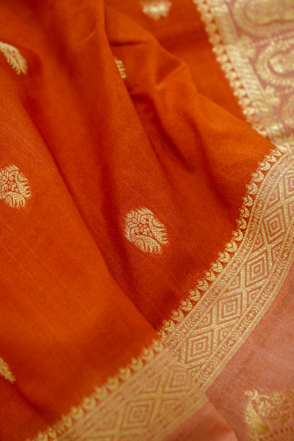 Burnt Orange Banarasi Silk Saree with Allover Buti Work