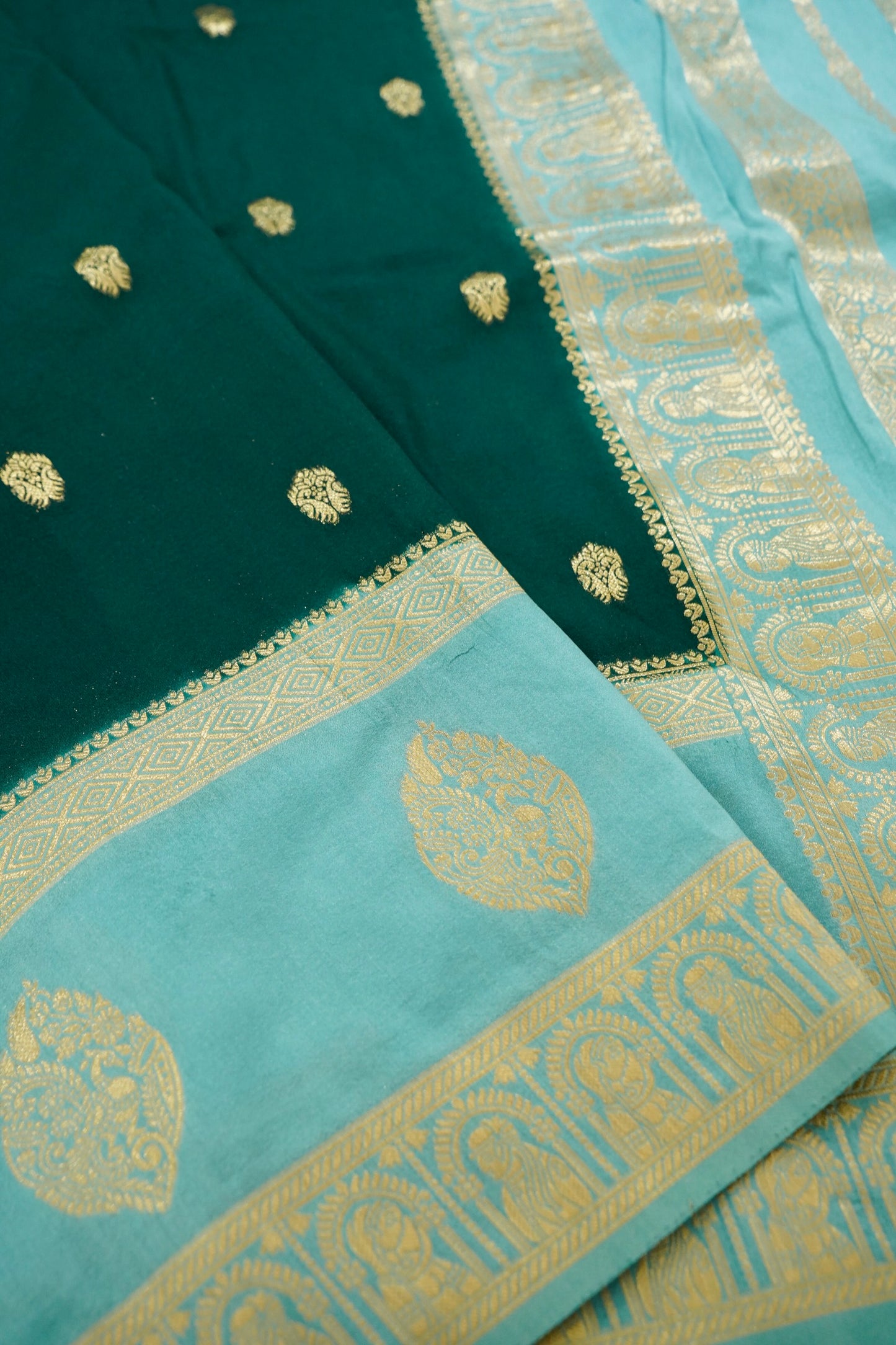 Bottle Green Banarasi Silk Saree with Allover Buti Work