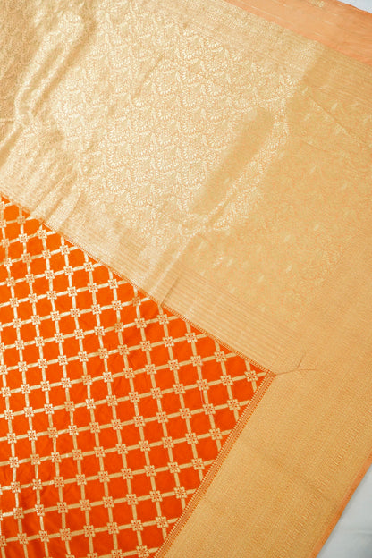 Orange Banarasi Silk Saree with Allover Jangla Weave