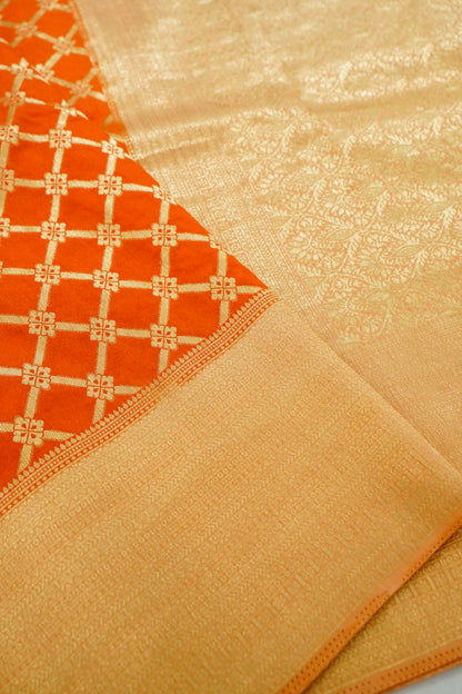 Orange Banarasi Silk Saree with Allover Jangla Weave