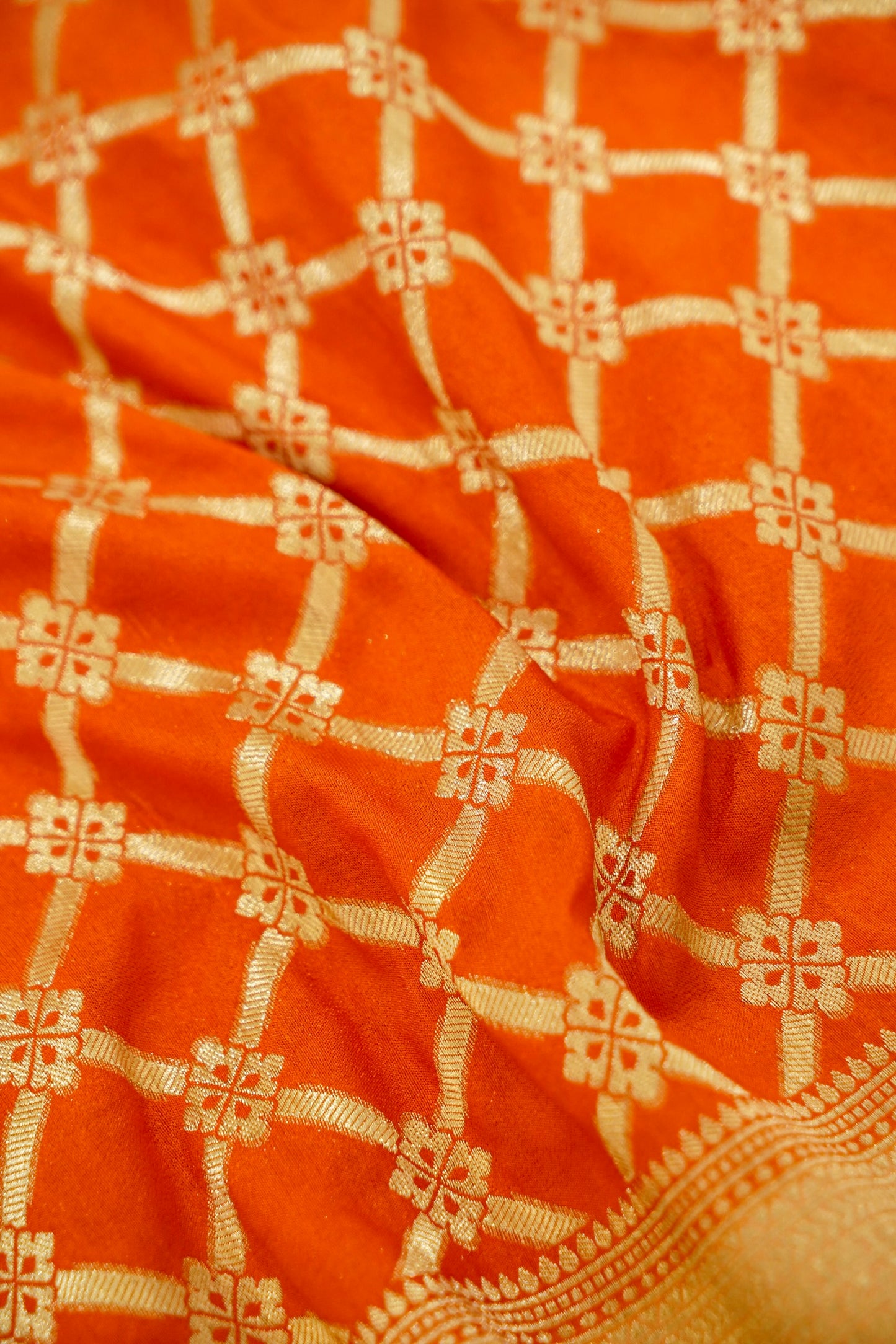 Orange Banarasi Silk Saree with Allover Jangla Weave