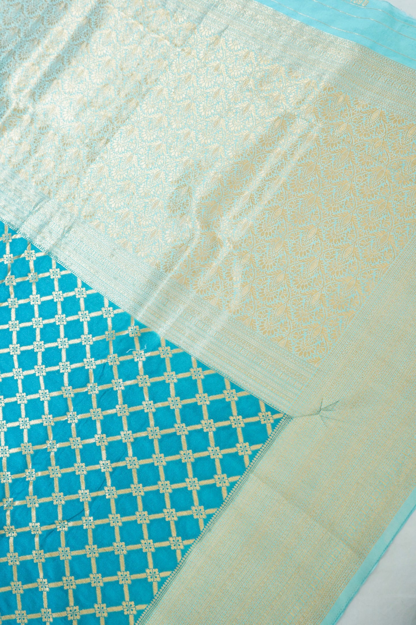 Turquoise Blue Banarasi Silk Saree with Allover Jangla Weave