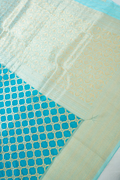 Turquoise Blue Banarasi Silk Saree with Allover Jangla Weave