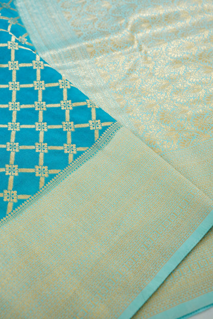 Turquoise Blue Banarasi Silk Saree with Allover Jangla Weave