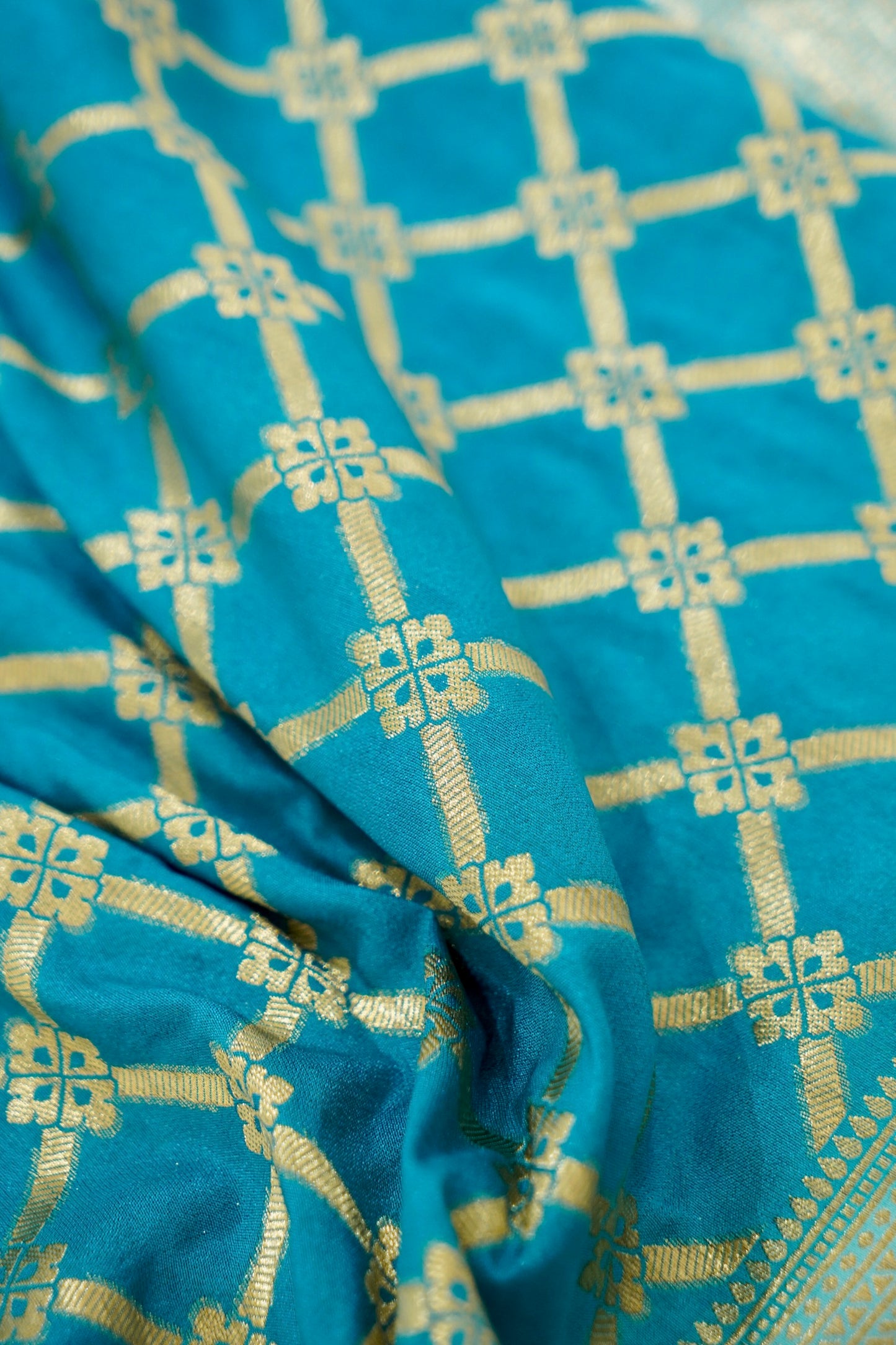 Turquoise Blue Banarasi Silk Saree with Allover Jangla Weave