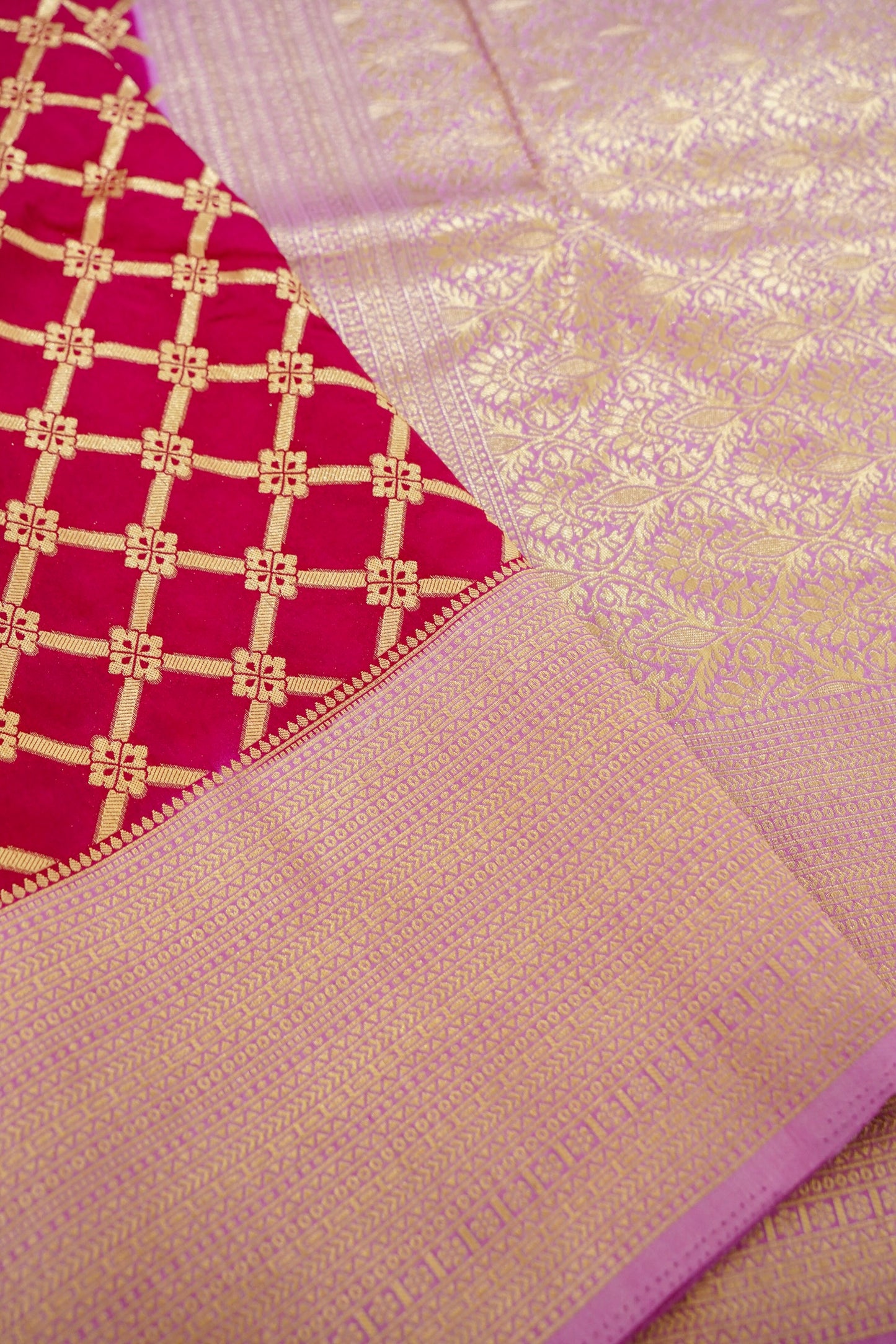 Rani Pink Banarasi Silk Saree with Allover Jangla Weave