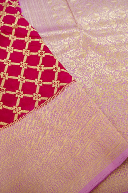 Rani Pink Banarasi Silk Saree with Allover Jangla Weave