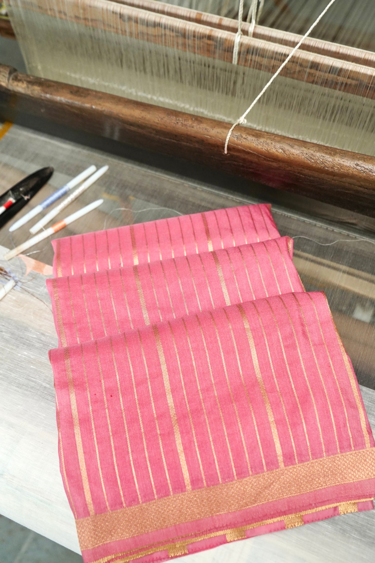 Pink Banarasi Silk Saree with Allover Stripe Weave