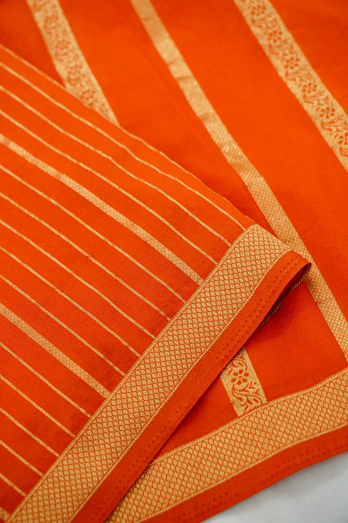 Orange Banarasi Silk Saree with Allover Stripe Weave