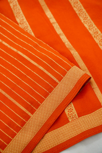 Orange Banarasi Silk Saree with Allover Stripe Weave