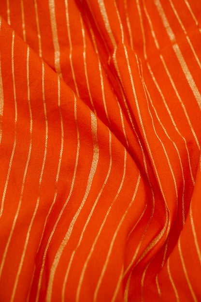 Orange Banarasi Silk Saree with Allover Stripe Weave