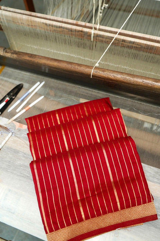 Ruby Red Banarasi Silk Saree with Allover Stripe Weave