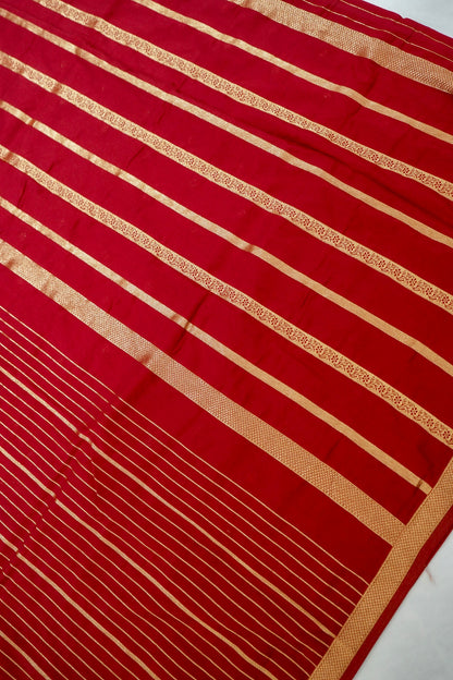 Ruby Red Banarasi Silk Saree with Allover Stripe Weave