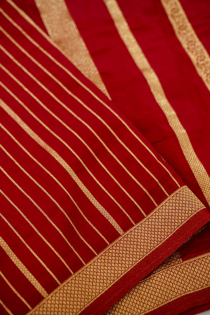 Ruby Red Banarasi Silk Saree with Allover Stripe Weave