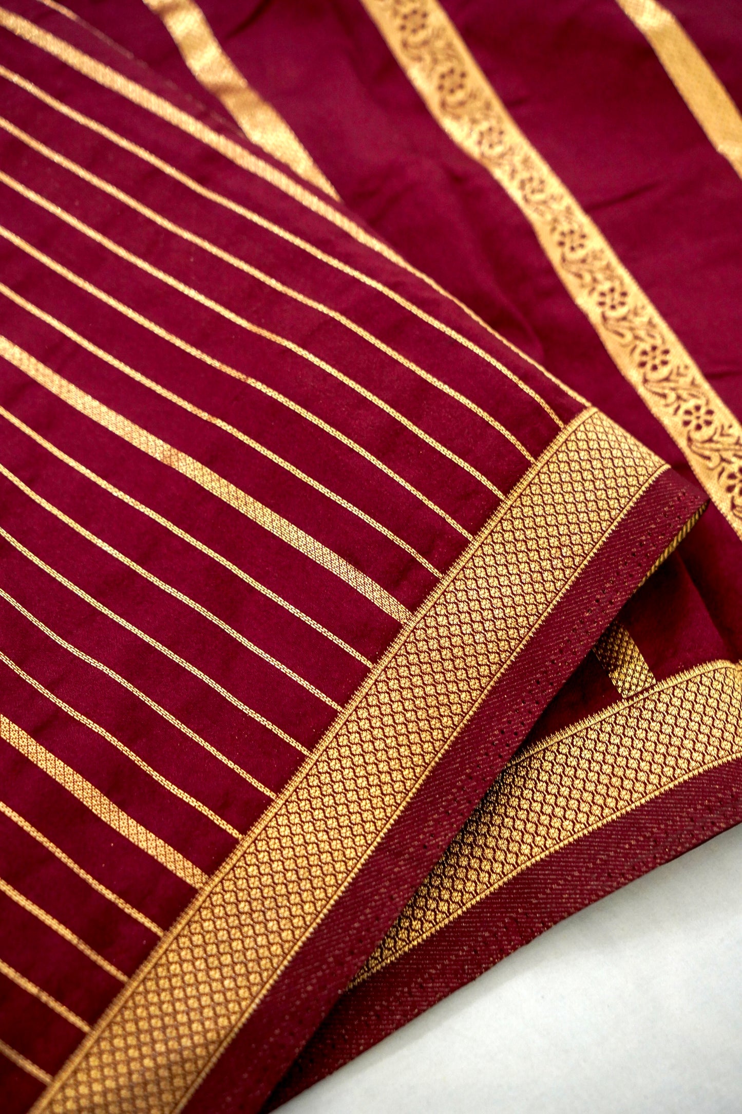 Wine Banarasi Silk Saree with Allover Stripe Weave