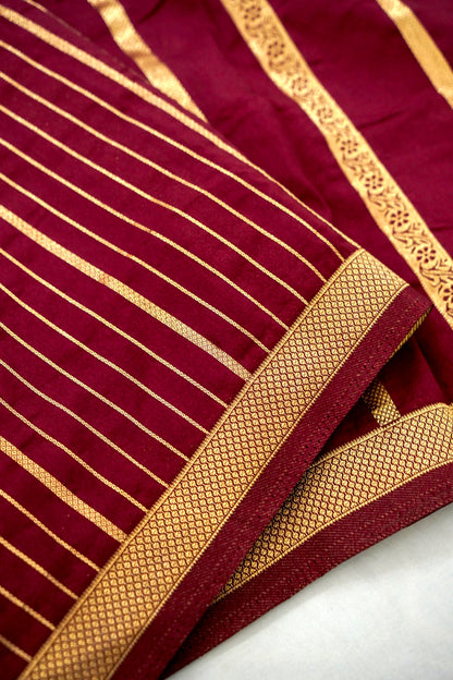 Wine Banarasi Silk Saree with Allover Stripe Weave
