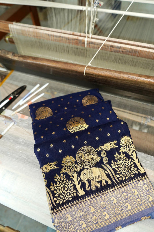 Navy Blue Banarasi Silk Saree with Animal Motif Weaves